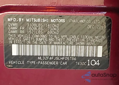 2020 Mitsubishi Mirage G4 Le из США, поврежденный, VIN ML32F4FJ5LHF05784